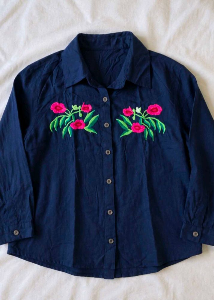 Embroidered Navy Blue Collared Shirt
