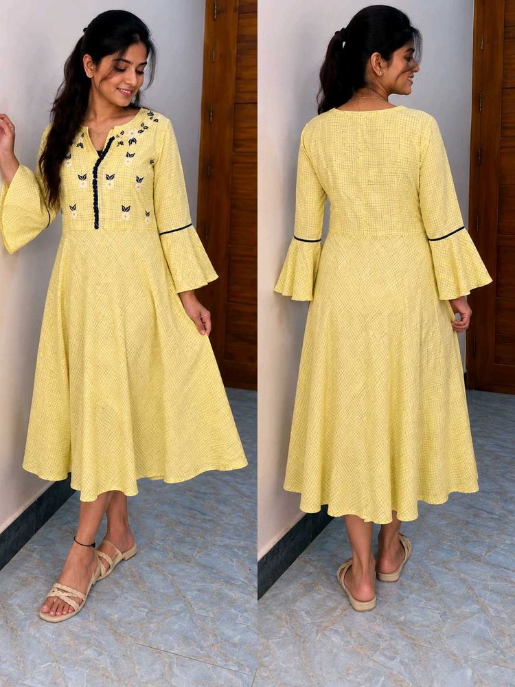 Women's Pastel Yellow Embroidered Cotton A-Line Mi