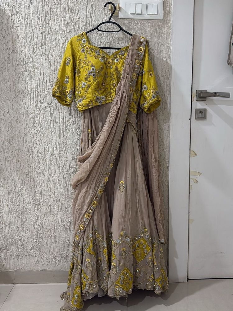Designer Yellow &amp; Beige Lehenga Choli Set