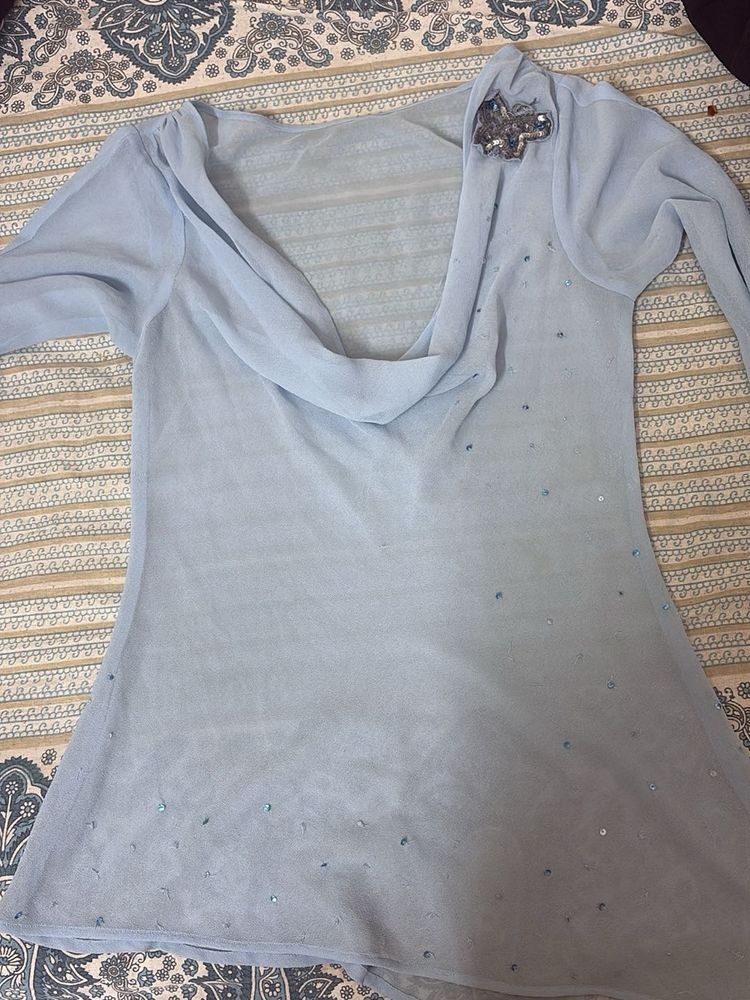 Elegant Light Blue Sequin Embellished Blouse