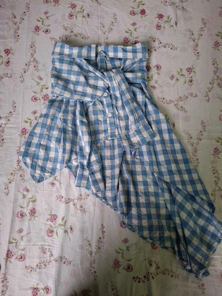 Blue Gingham Strapless Dress