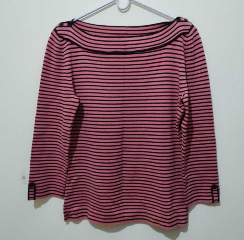 Hillard Hansen Pink Black Striped Boat Neck Top