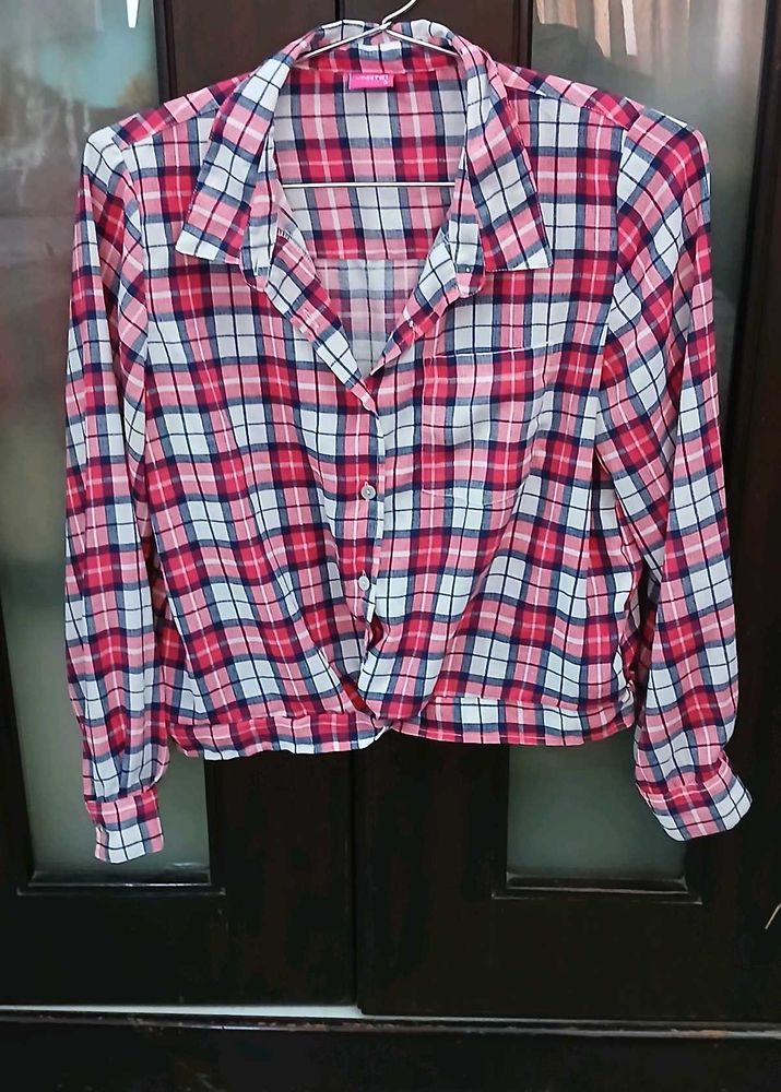 Pink Plaid Tie-Front Shirt - L Size - NEW
