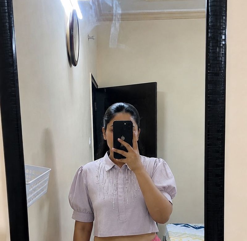 Sparkling Cropped Collared Top