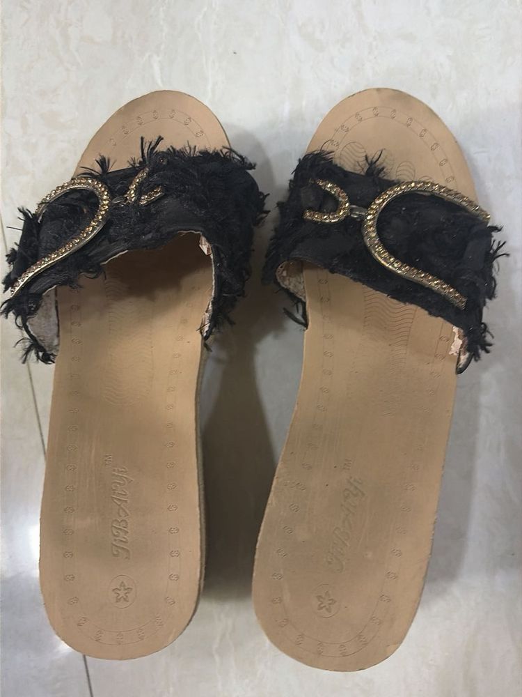 Black Fringe Embellished Slides