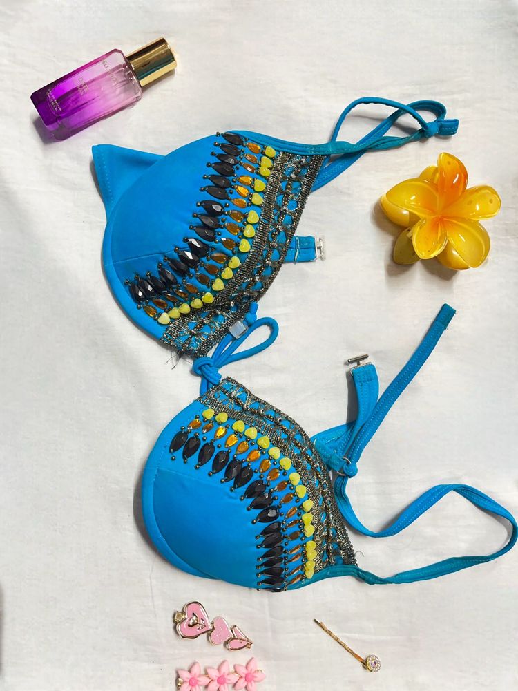Beaded Blue Bikini Top