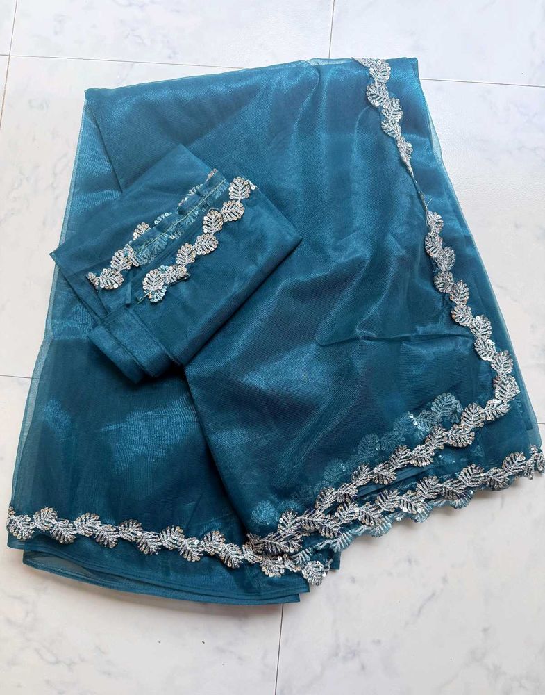 Teal Organza Saree with Sequence border Unused
