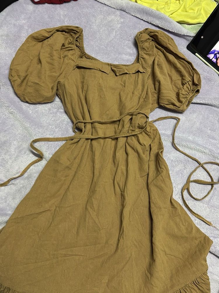 Brown Puff Sleeve Square Neck Dress34-36