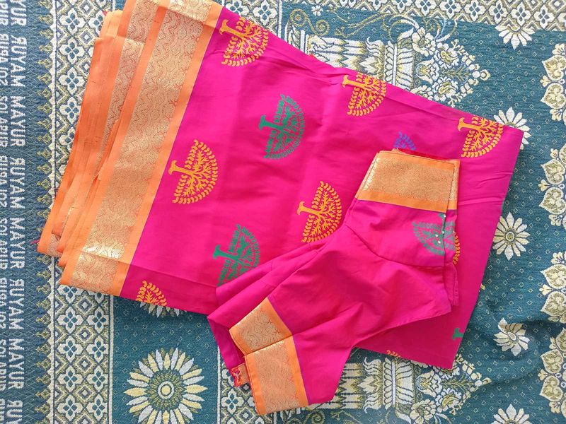Pink Printed Saree with Blouse
