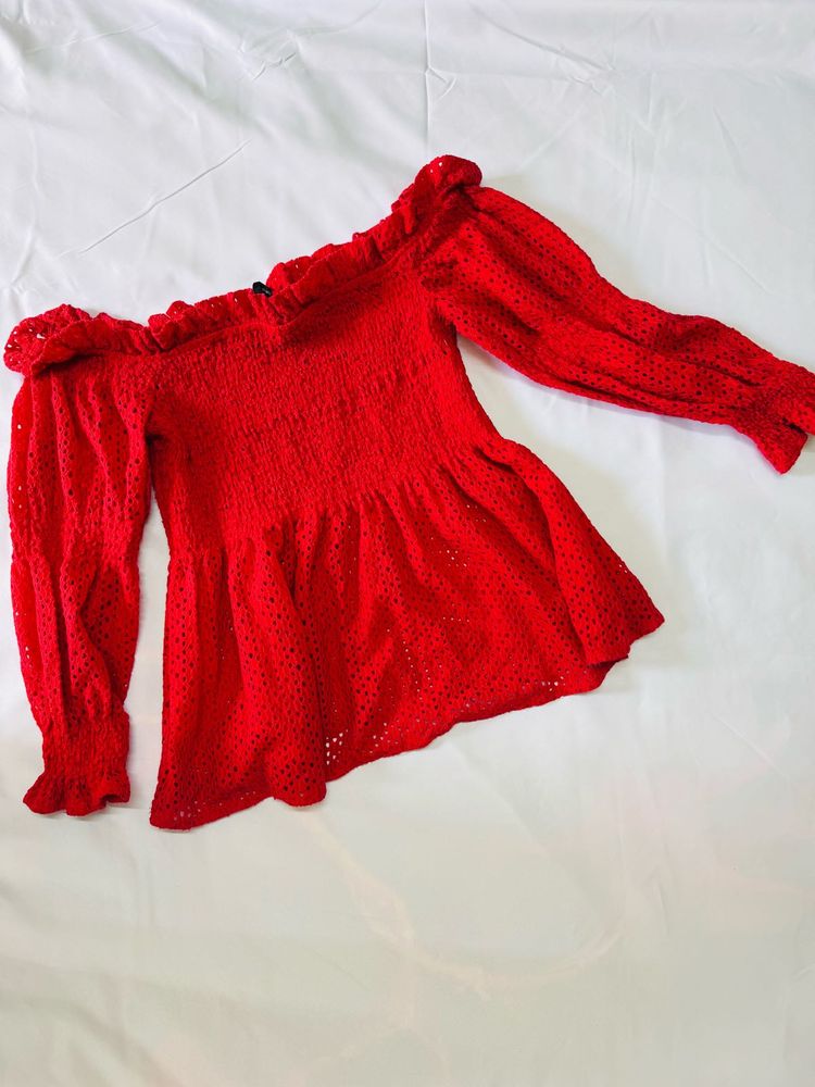 Red Off-Shoulder eyelet Peplum Top