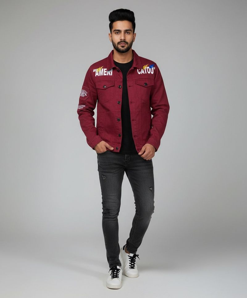 Burgundy Graphic Print Denim Jacket