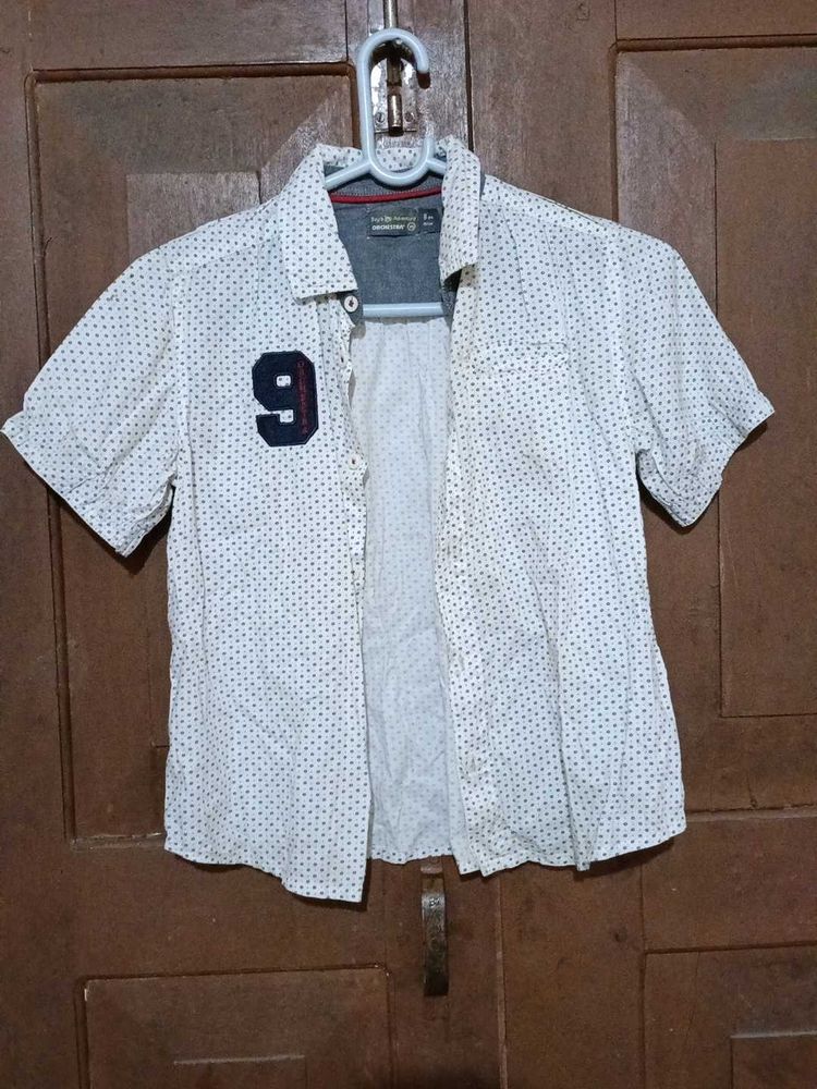 Boys White Short Sleeve Shirt with Navy Print