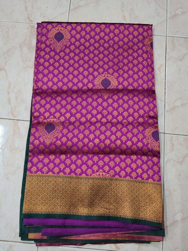 Vibrant Purple Silk Saree with Gold Border