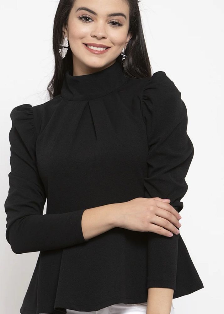 Chic Black Puff Sleeve Turtleneck Top