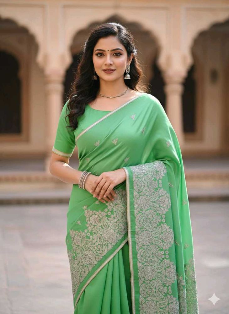 🆕NEW Green Silver Embroidery Saree With Blouse