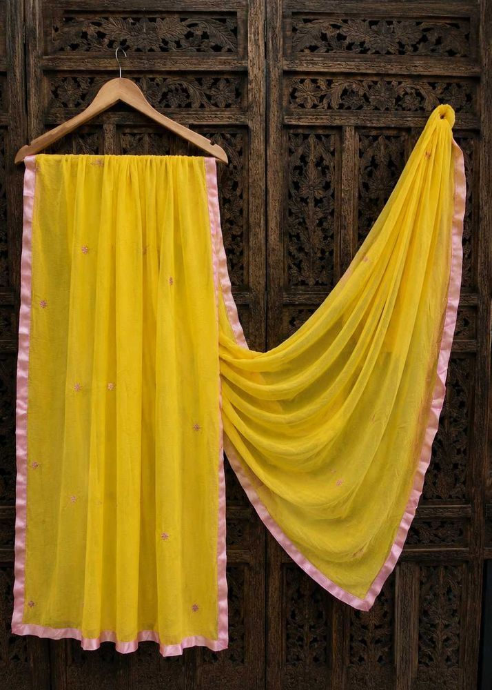 Vibrant Yellow Dupatta with Pink Border and flower