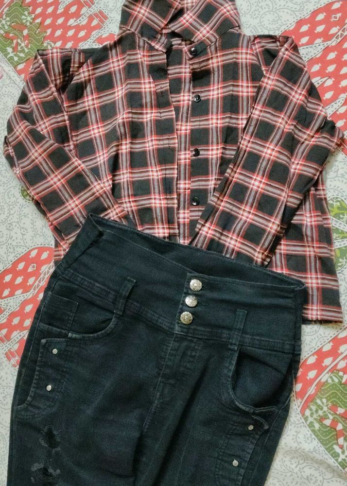 Women's Plaid Shirt &amp; Distressed Jeans Set