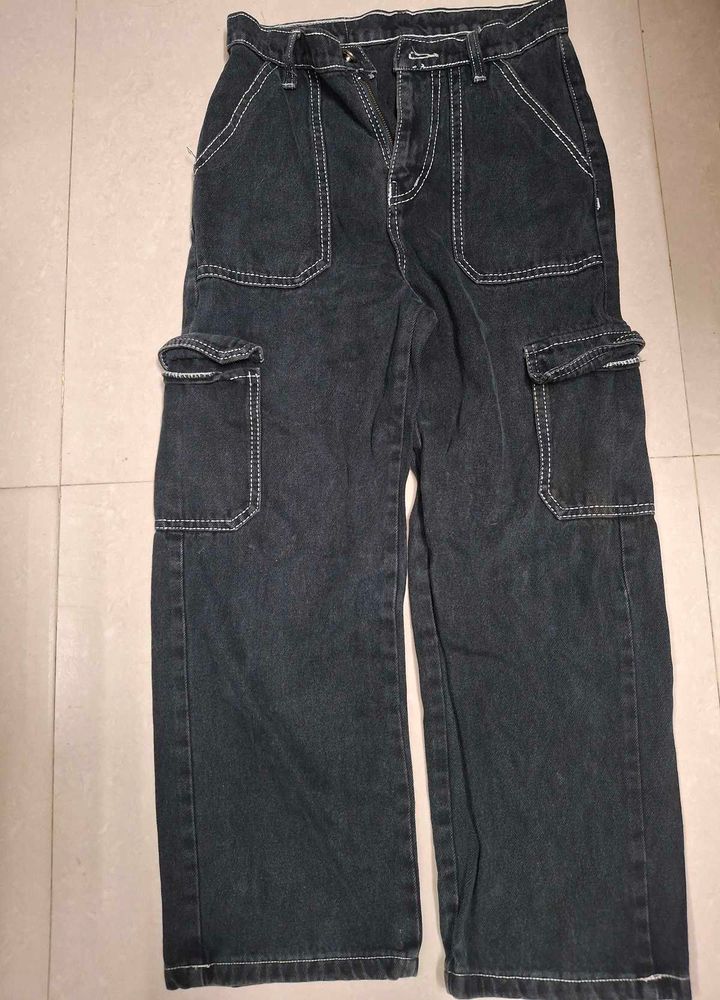 Black Denim Cargo Jeans with White Stitching