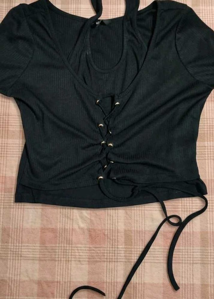 Black Lace-Up Crop Top