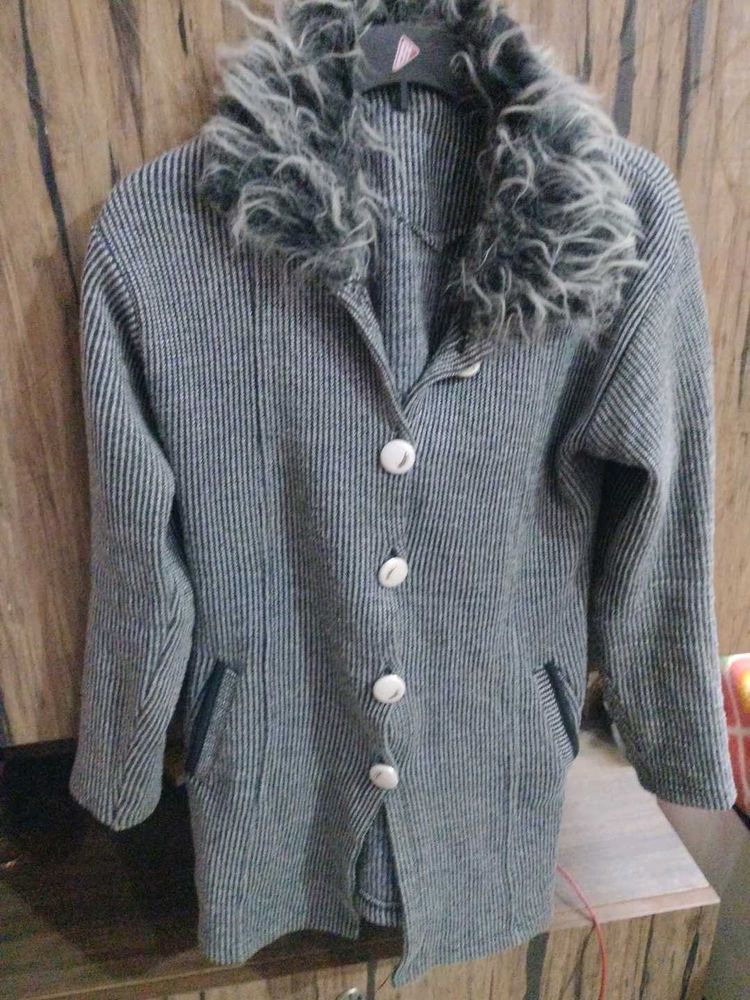 Striped Fur Collar Coat