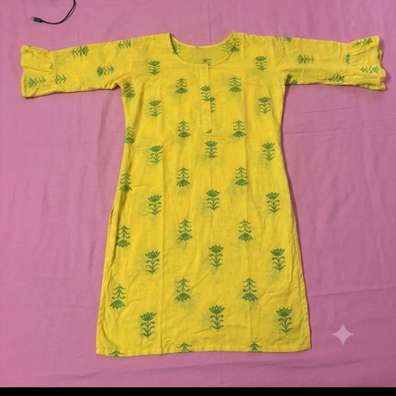 Yellow Kurta with Green Floral Print