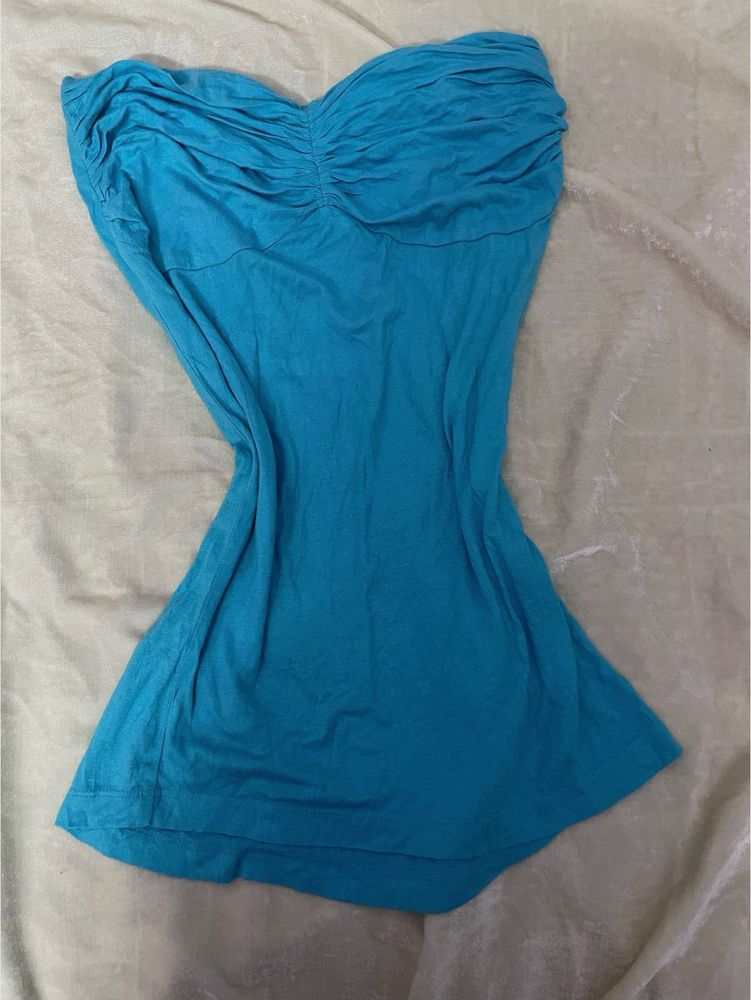 Chic Blue Strapless Ruched Top