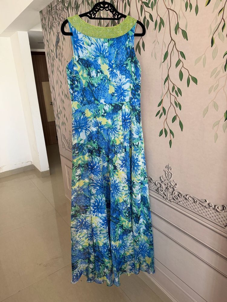 Blue Floral Maxi Dress with Embellished Neckline