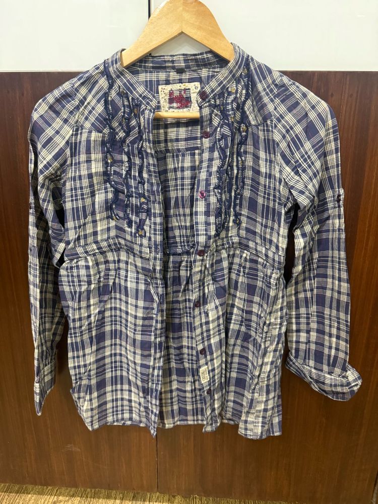 Blue Plaid Button-Up Top with Ruffles