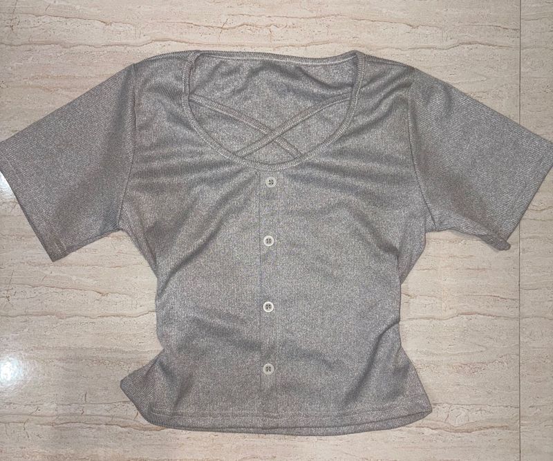 Sparkly Short Sleeve Button-Up Top