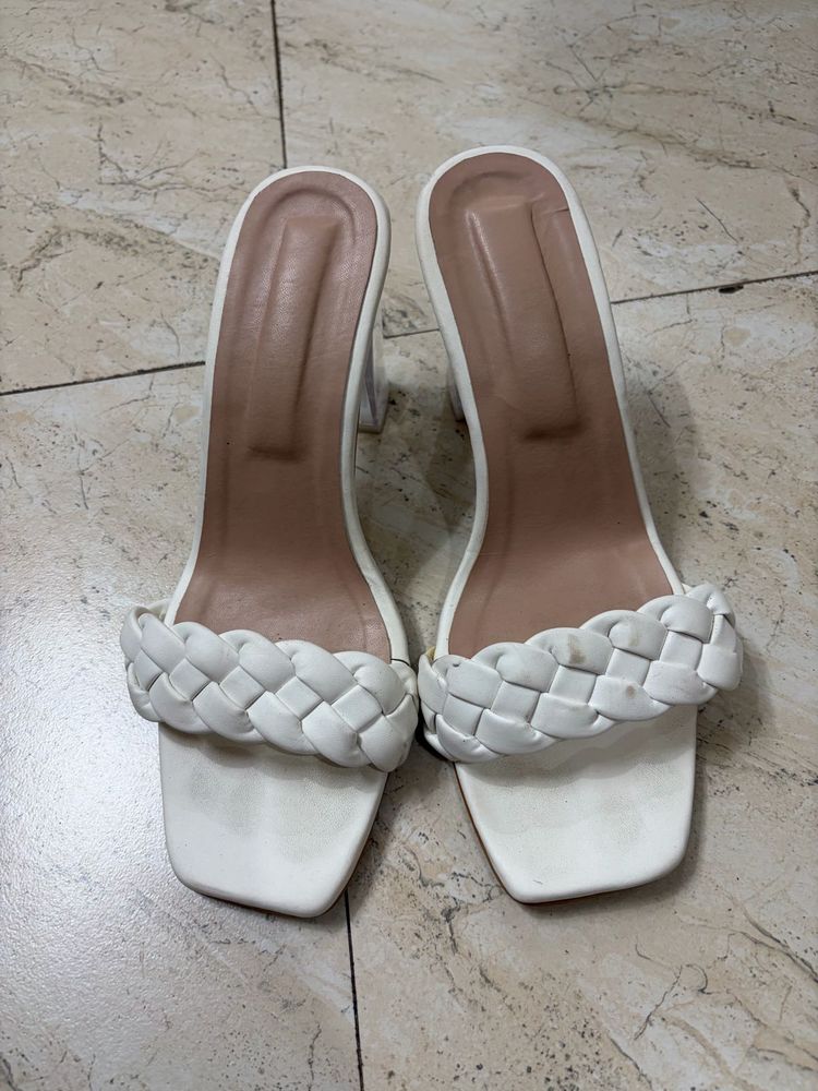 White Braided Block Heels