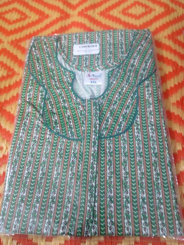 Green Striped Cotton Nighty Zip Type XXL