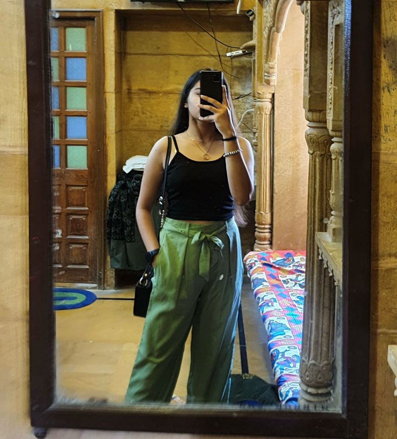 High-Waisted Green Pants with black sleevl