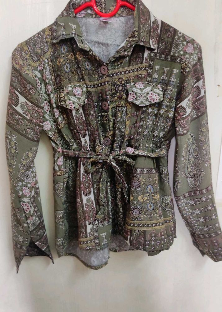 Bohemian Print Belted Long Sleeve Top