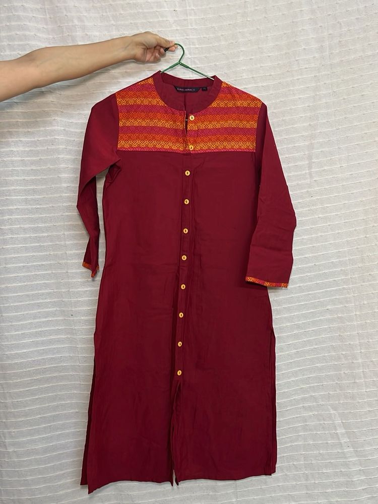 Maroon Kurta with Embroidered Yoke