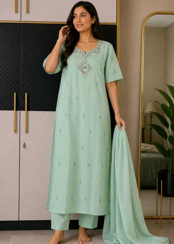 Elegant Mint Green Kurta Set with Intricate Embroi