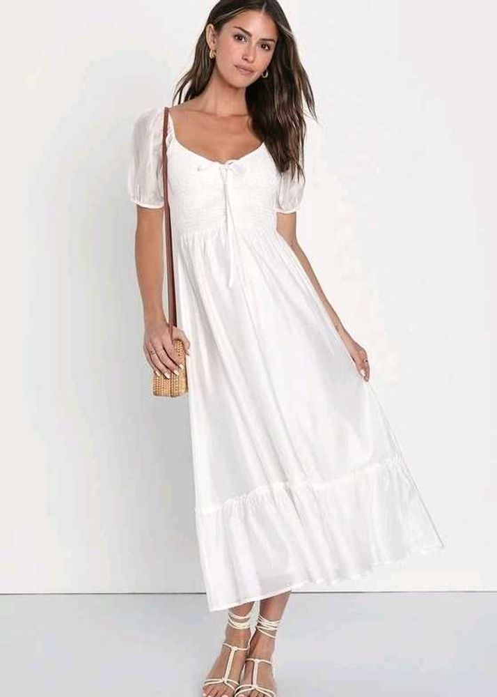 Chic White Puff Sleeve Midi Dress