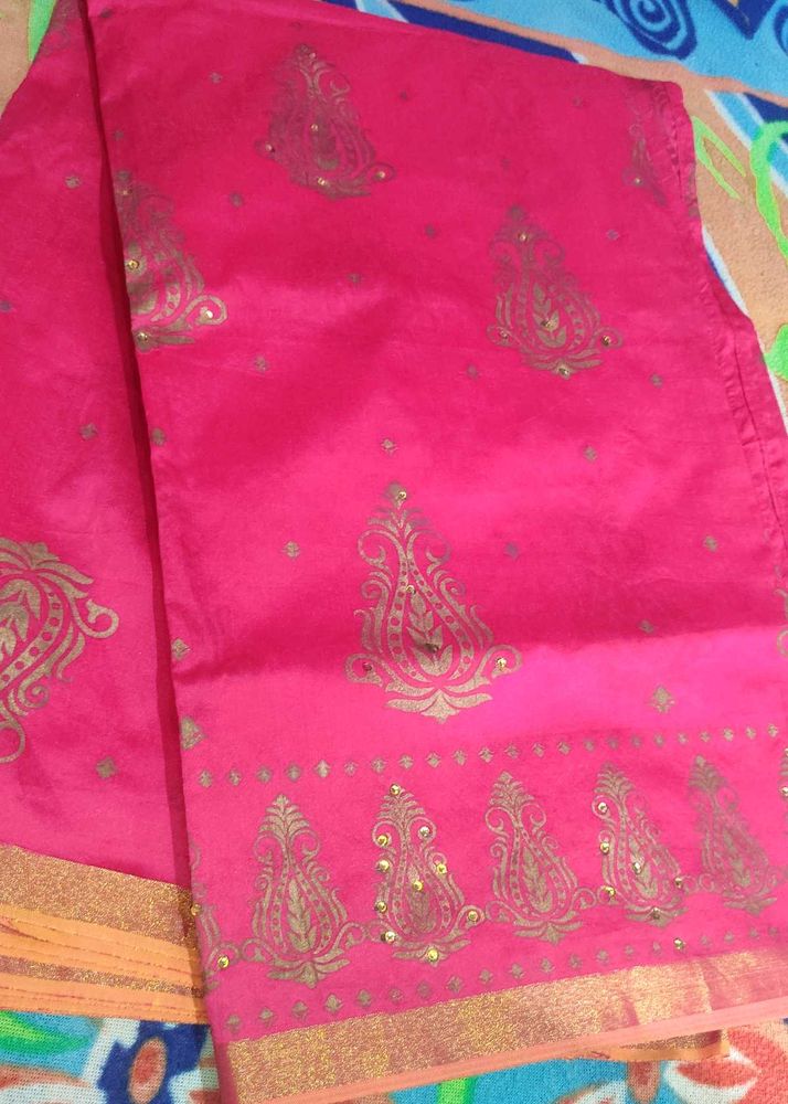 Vibrant Pink Silk Saree with Gold Print