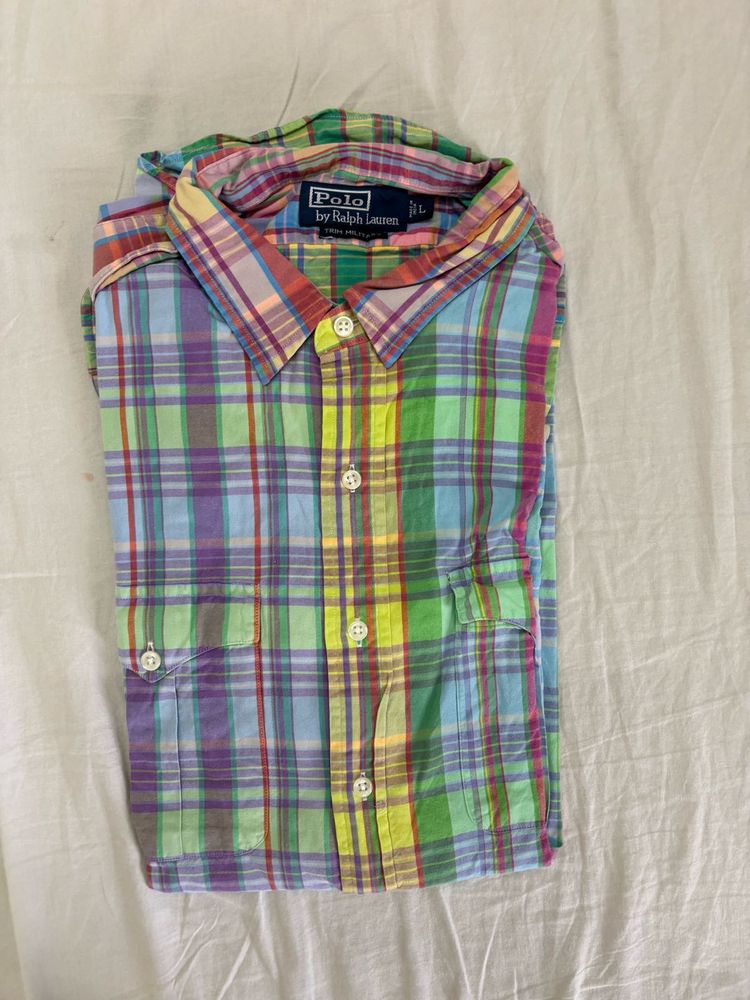 Rare Polo Ralph Lauren Plaid Trim Military Shirt