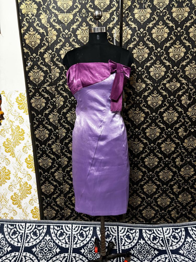 Strapless Purple Satin Dress with Bow Detail