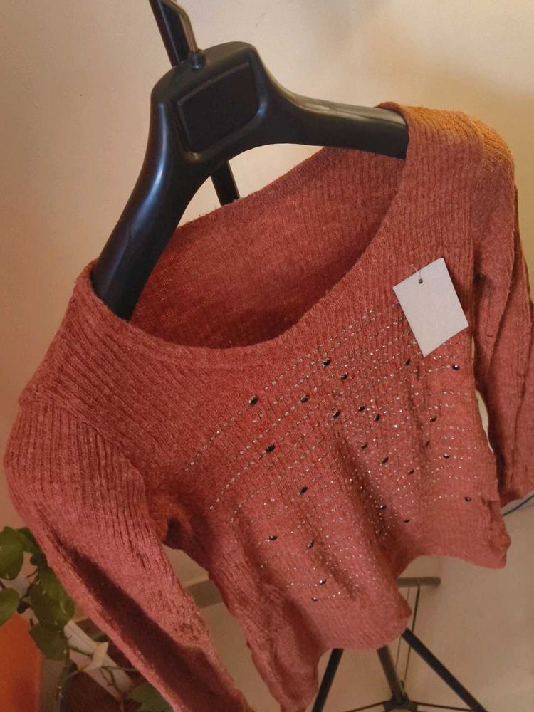 New Rust Embellished Knit Top