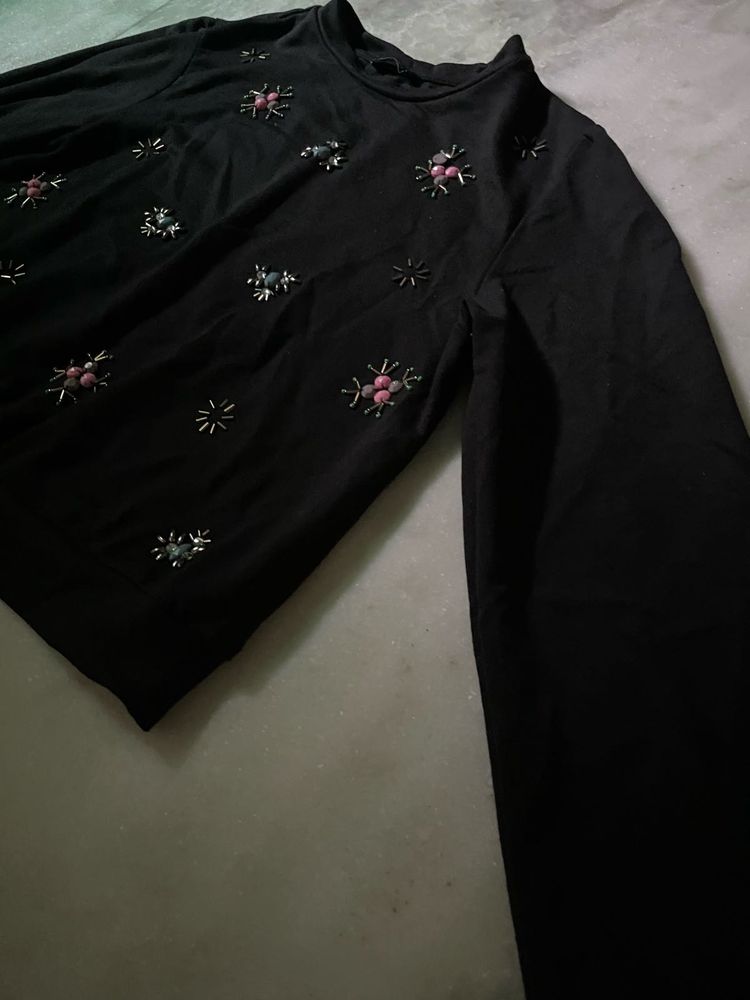 Embellished Black Long Sleeve Top