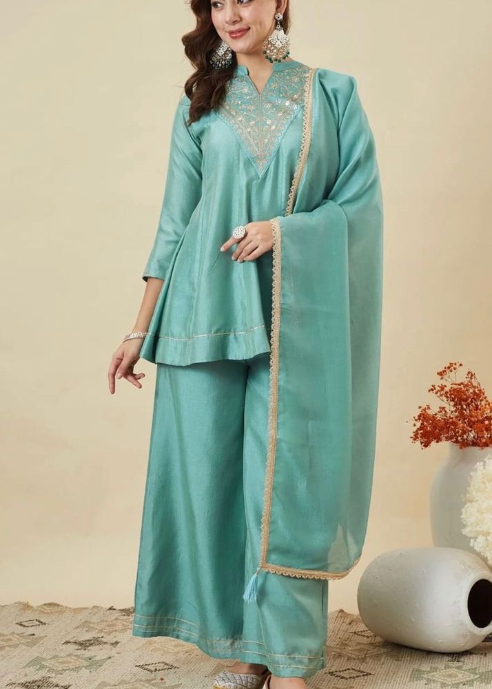 Elegant Teal Kurta Palazzo Dupatta Set