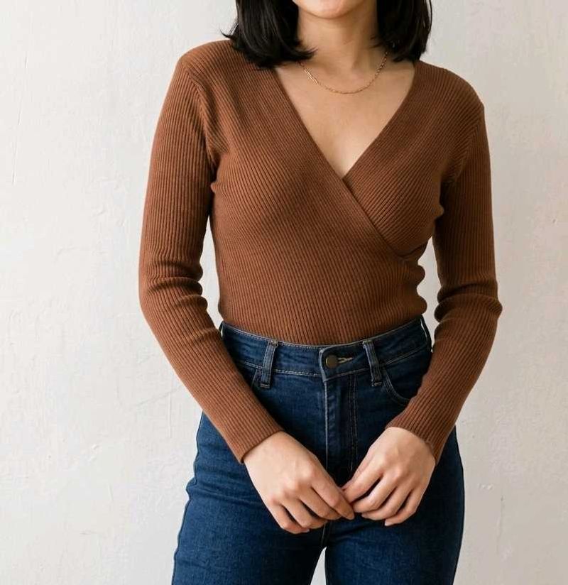 Brown Ribbed V-Neck Wrap Top