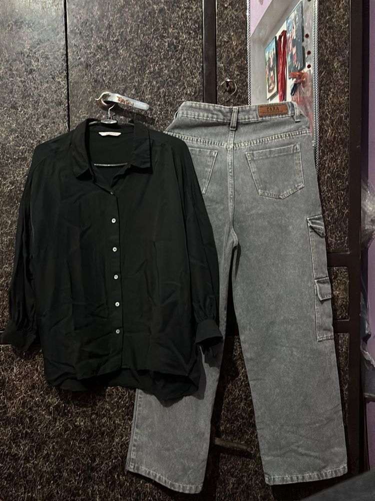Stylish Black Shirt &amp; Grey Cargo Jeans Set