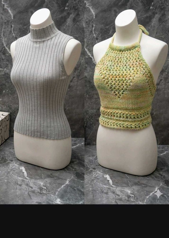 Knit Sleeveless Turtle Neck &amp; Crochet Halter Top