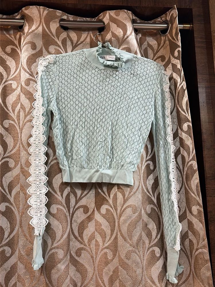 Light Blue Lace Trim Textured Top