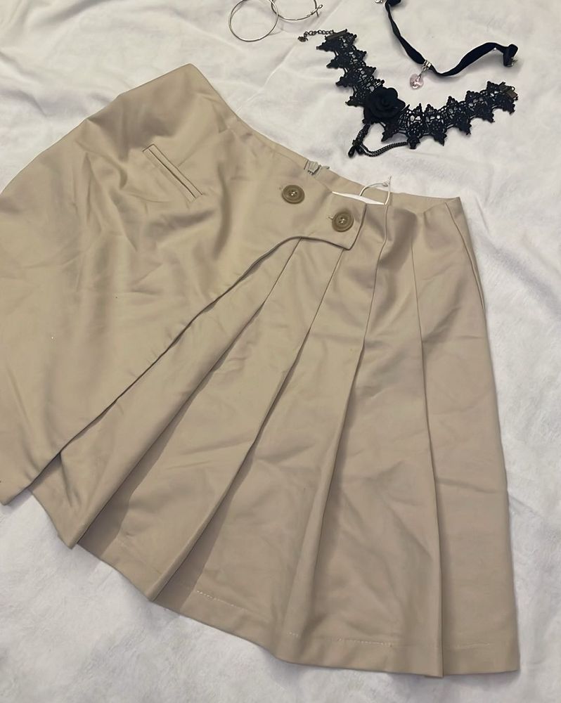 Pleated Tan Mini Skirt