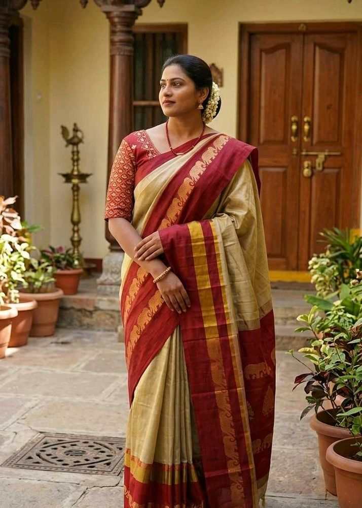 New ElegantCottonSilk BeizeWithMaroonBorder Saree
