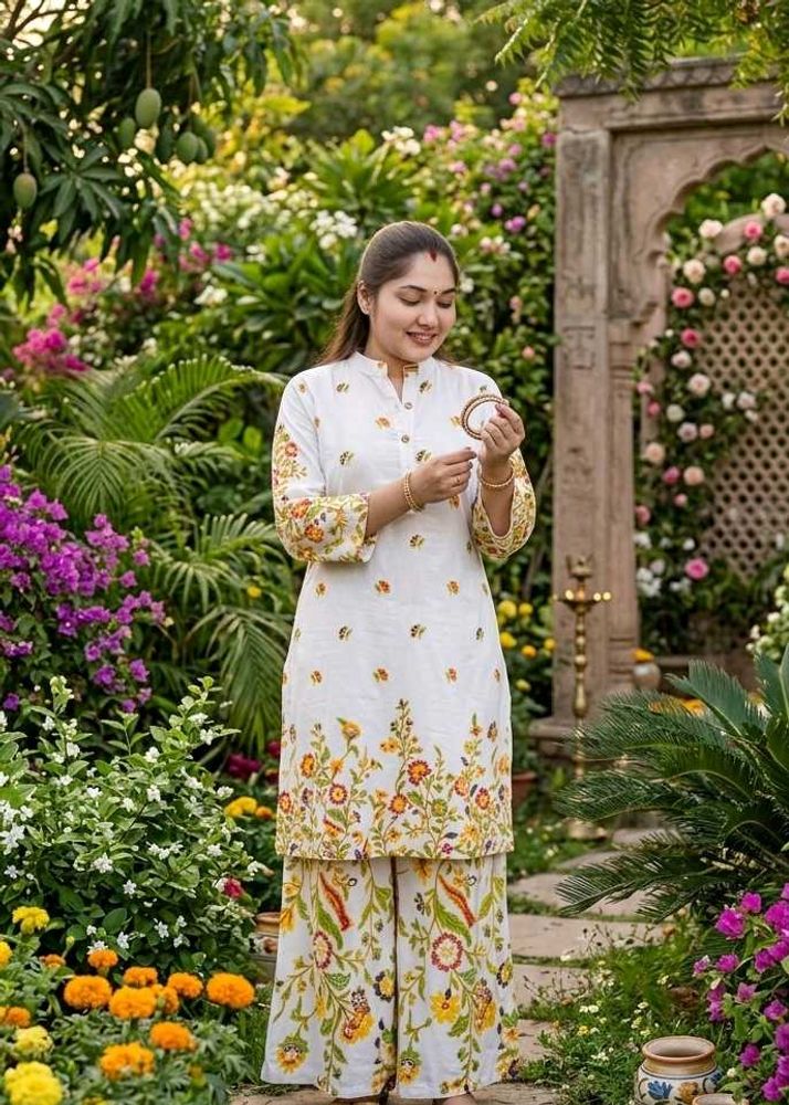Embroidered White Kurta with Palazzo Set