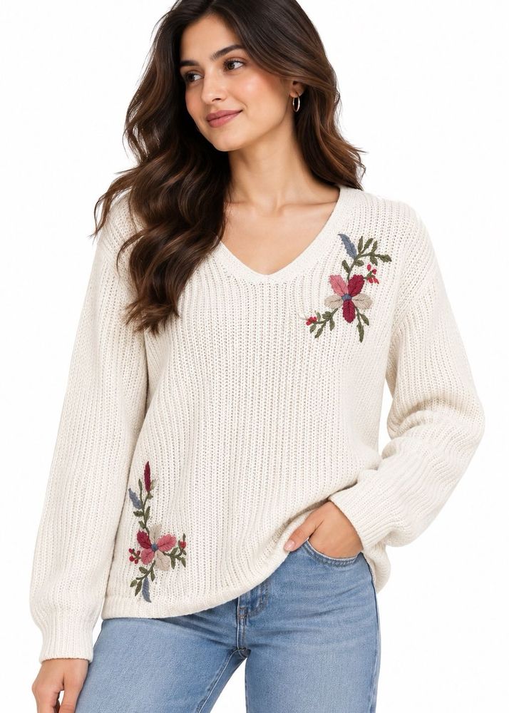Embroidered V-Neck Cream Sweater
